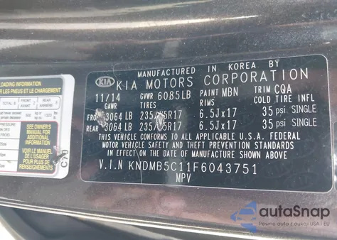 2015 Kia Sedona Lx z USA, uszkodzony, nr VIN KNDMB5C11F6043751